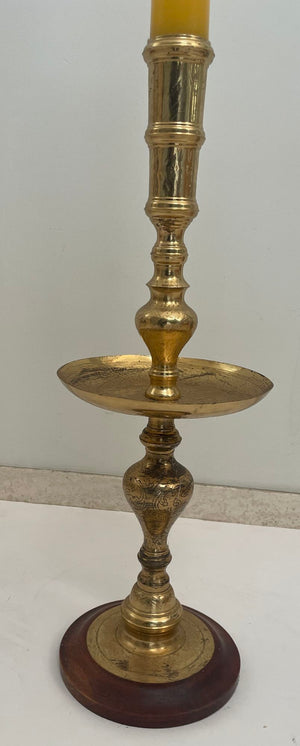 Vintage Polished Brass Moroccan Pillar Candle Holder 1950s