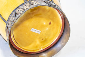 Antique Moroccan Ceramic Vase Bright Yellow with Metal Moorish Filigree overlaid