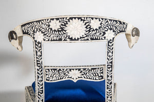 Antique Anglo-Indian Side Chairs with Ram's Head Bone Inlay Royal Blue Seat Pair