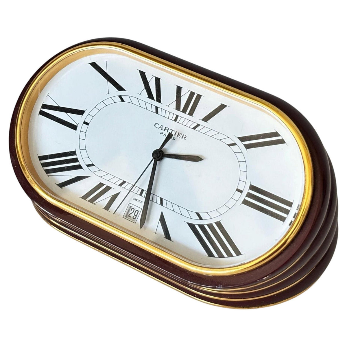 Cartier Paris Accordion Clock with Date and White Roman Numeral Dial Circa 1980 — detail view 15