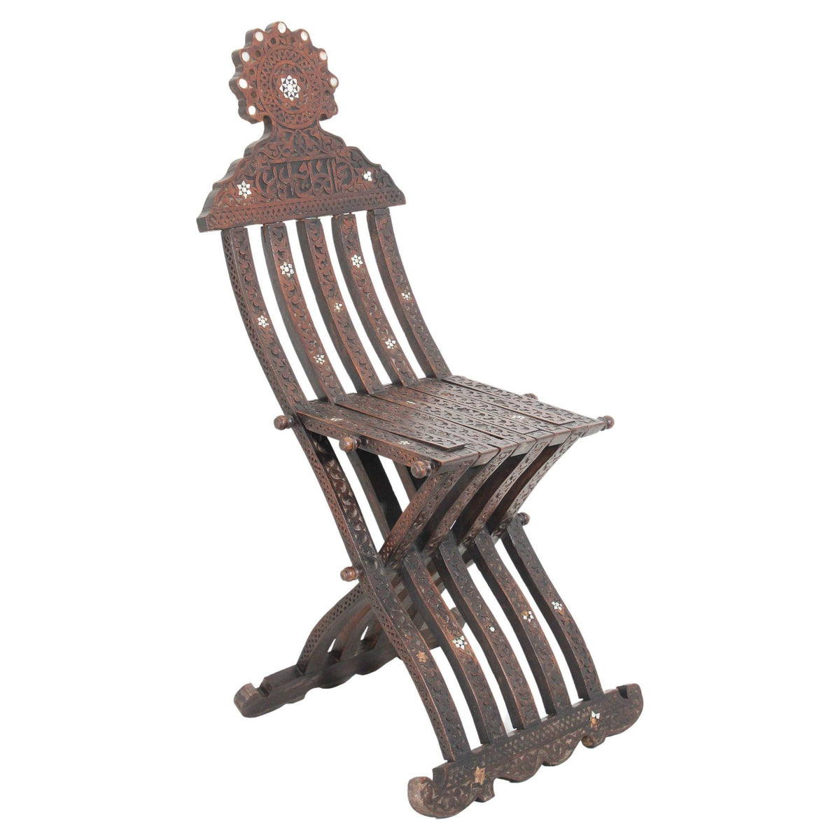 Antique Egyptian Moorish Carved Walnut Mother-of-Pearl Inlaid Folding Chair