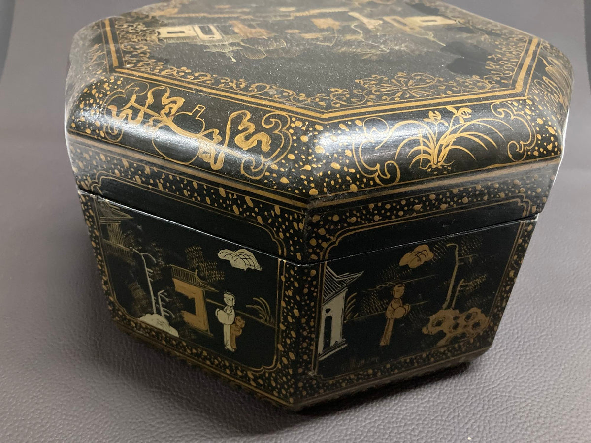 Large Chinese Tea Box Black Lacquered Gilt Hand Painted Octagonal Box 1940s