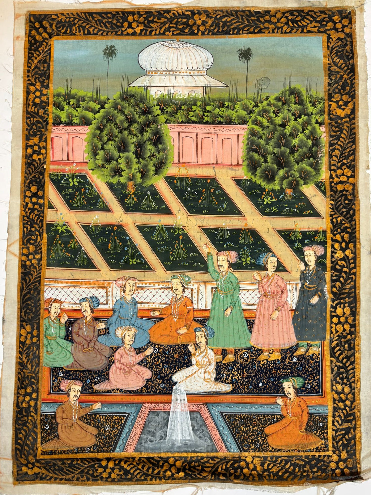 Mughal Court Scene on Silk After a 19th Century Indo-Persian Palace Painting