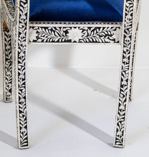 Antique Anglo-Indian Side Chairs with Ram's Head Bone Inlay Royal Blue Seat Pair