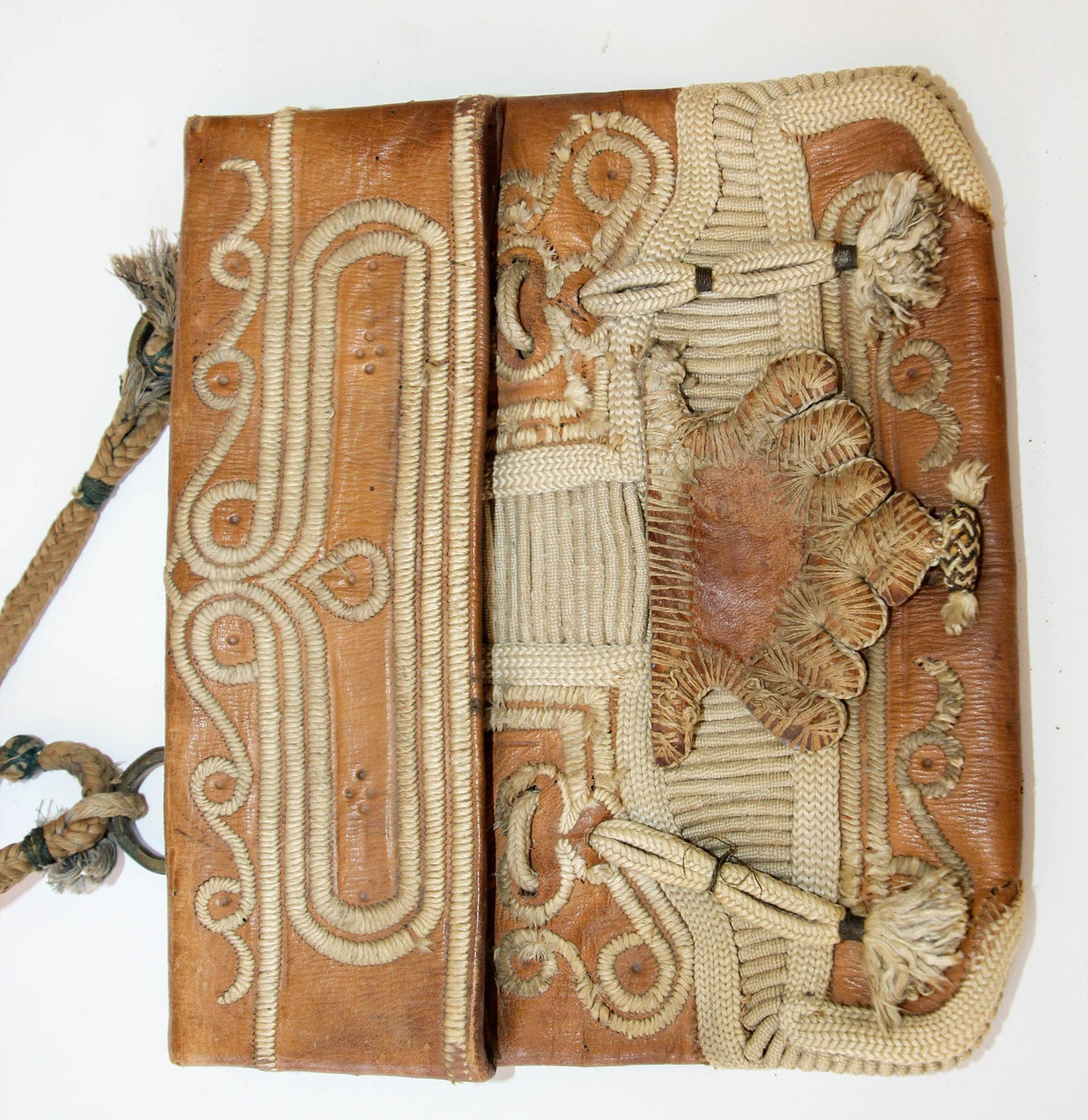 Antique Hand Tooled Leather African Tribal Moroccan Bag Collectible, 1940s