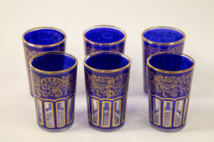 Moroccan Royal Blue Glasses with Gold Moorish Arabesque Design Set of 6 Barware