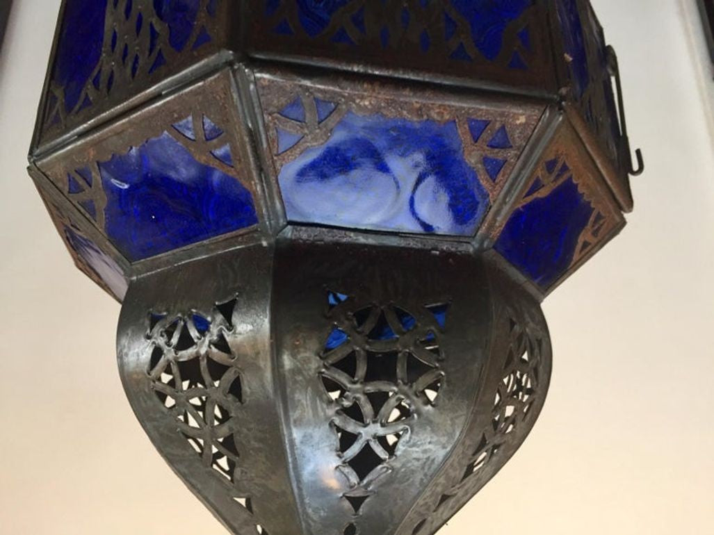 Handcrafted Moroccan Metal and Blue Glass Lantern, Octagonal Shape