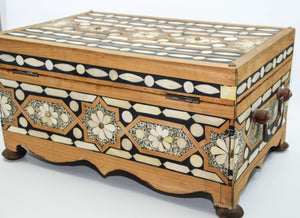 Moroccan Dowry Box Inlaid with White Camel Bone Rectangular Carved Wood Trunk