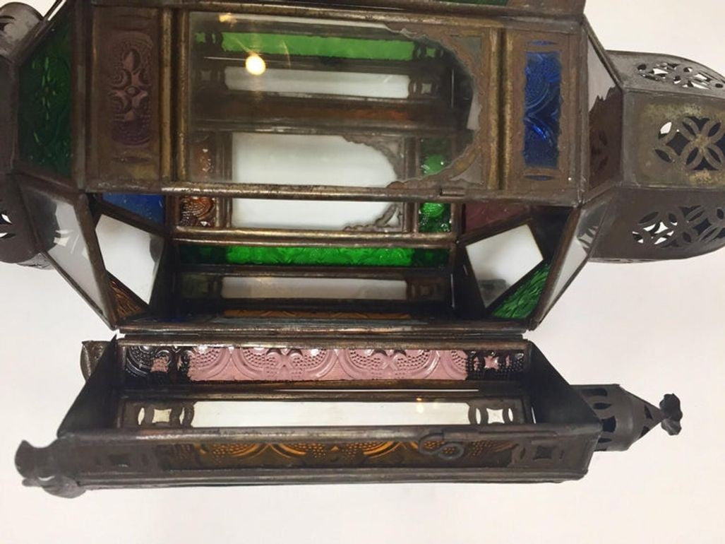 Moroccan Handcrafted Moorish Pendant Lantern with Multi-Color Glass