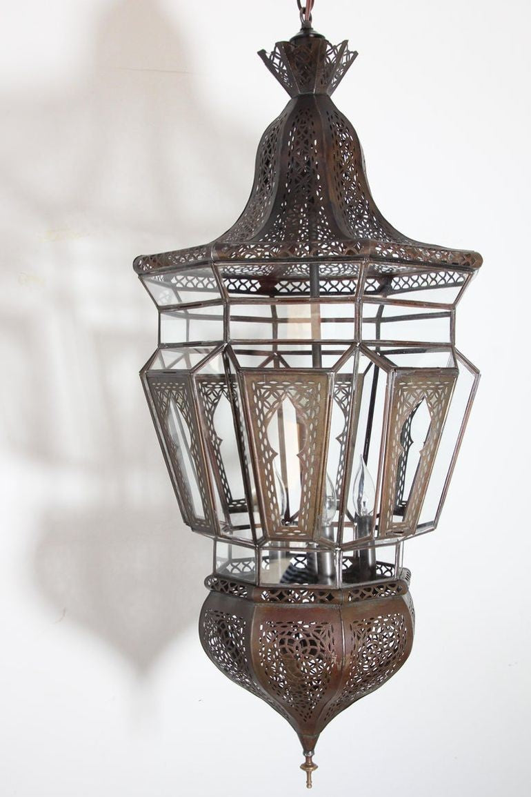 Vintage Moroccan Moorish Clear Glass Pierced Metal Lantern Chandelier, 1980s