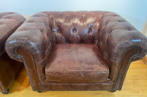 Vintage English Brown Leather Tufted Chesterfield Club Armchairs a Pair