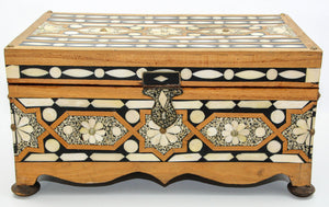 Moroccan Dowry Box Inlaid with White Camel Bone Rectangular Carved Wood Trunk