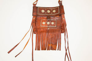 Moroccan Vintage Leather Handcrafted African Tuareg Bag with Fringes Wall Art