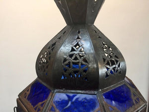 Handcrafted Moroccan Metal and Blue Glass Lantern, Octagonal Shape