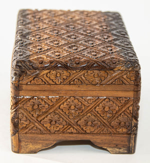 1960s Vintage Asian Large Hand Carved Wooden Humidor Footed Box
