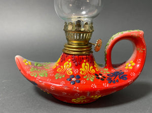 Aladdin style handmade red ceramic Turkish oil lamp