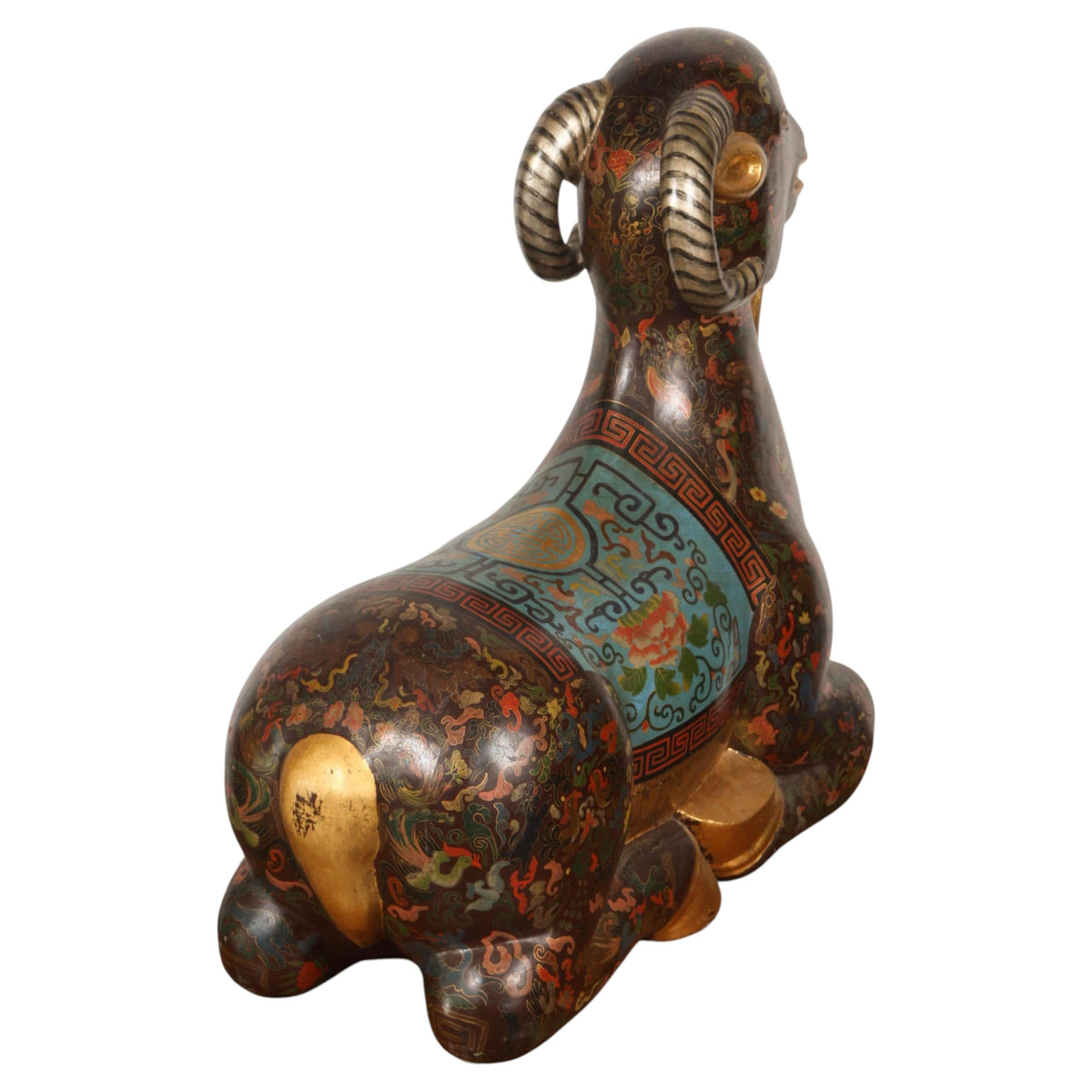 Large Chinese Hand-Painted Wood Ram Sculpture with Zodiac Motifs