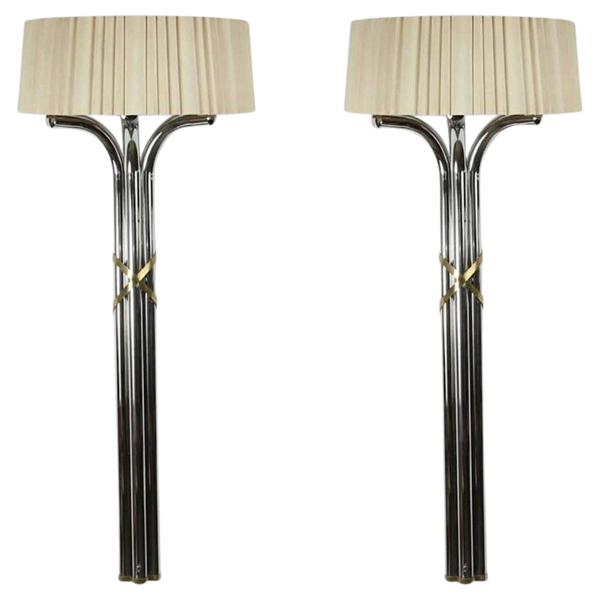 Pair of Monumental 1970s Chrome and Brass Wall Sconces, Jansen Style