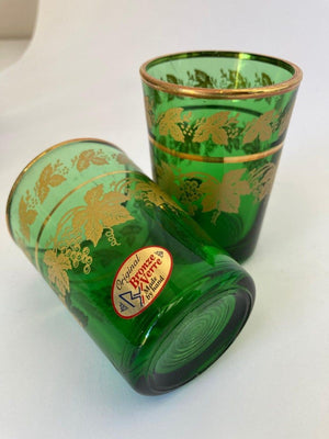 Set of Six Handblown Italian Moorish Green with Gold Shot Glasses