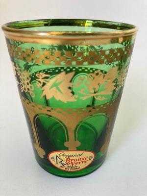 Set of Six Handblown Moroccan Green and Gold Glasses