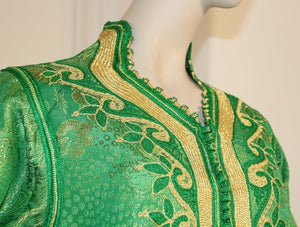 Elegant Moroccan Caftan Emerald Green and Gold Metallic Brocade
