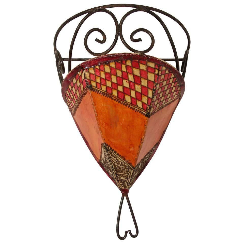 Moroccan Wall Sconce Iron and Hand Painted Parchment
