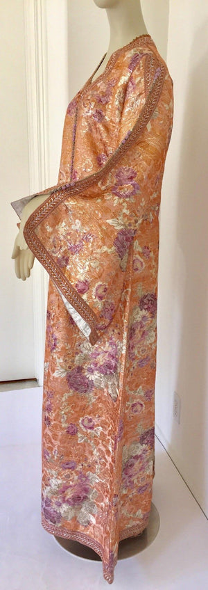 Moroccan Kaftan Orange and Purple Floral with Gold Embroidered Maxi Dress Caftan