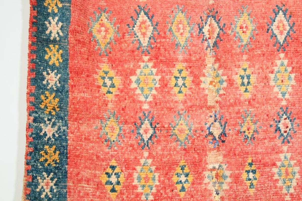 1960s Moroccan Berber Rug, Coral and Teal Geometric Wool, 4'10" × 9'10"
