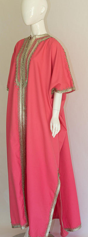 Moroccan Caftan Pink Color with Silver Trim, Vintage Kaftan circa 1970