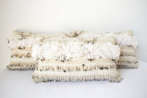Vintage Moroccan White Pillow with Silver Sequins and Long Fringes
