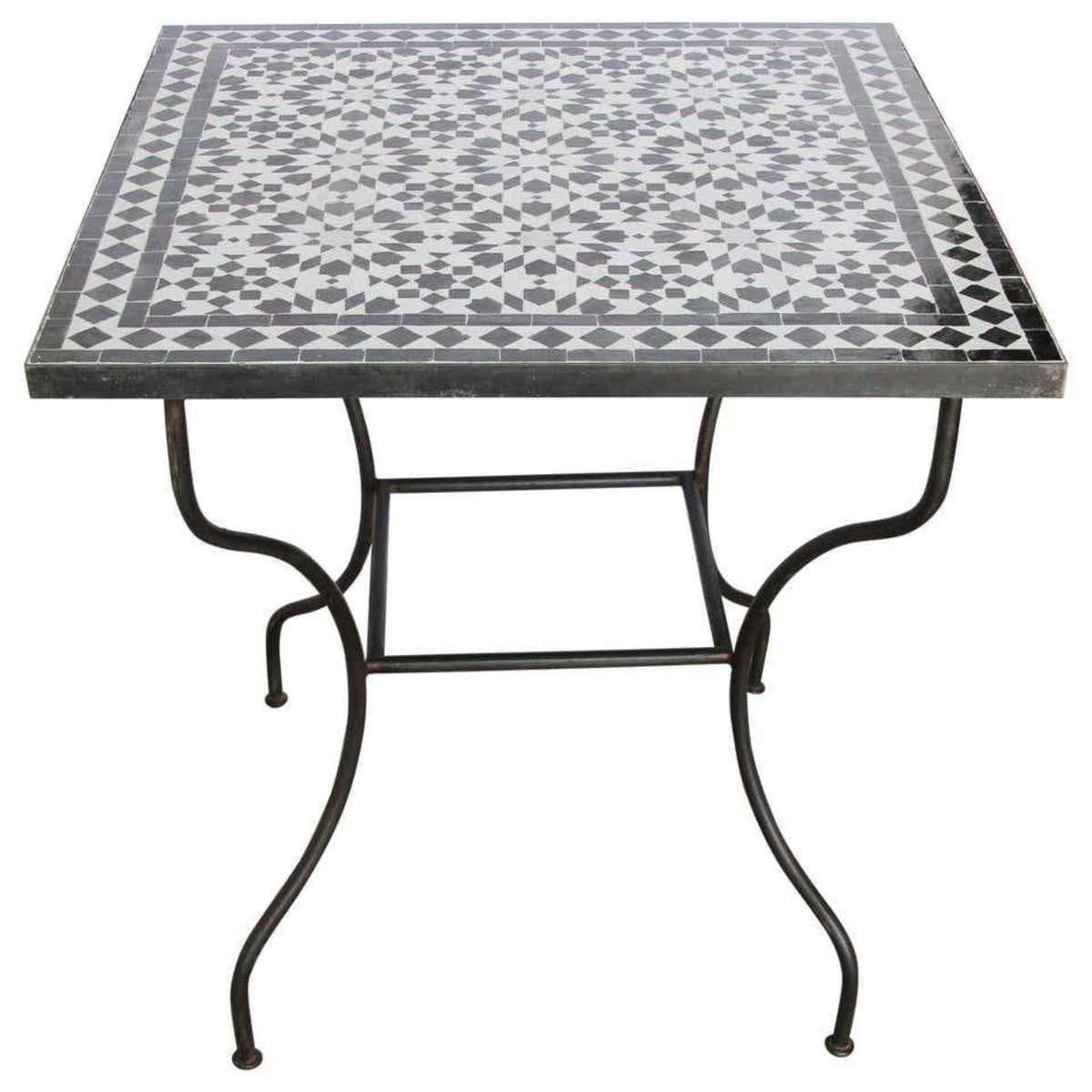 A Moroccan square outdoor patio table featuring a black and white geometric mosaic tile top and a black metal frame with curved legs.