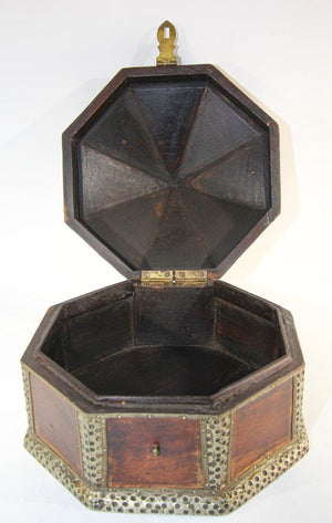 Large Asian Decorative Wooden Jewelry Box with Hammered Brass Metal Overlay