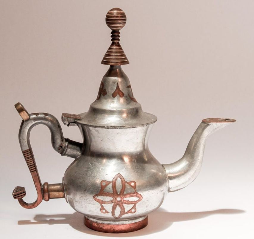 Handcrafted Tuareg Tea Pot, Pewter with Brass & Copper, 1950s