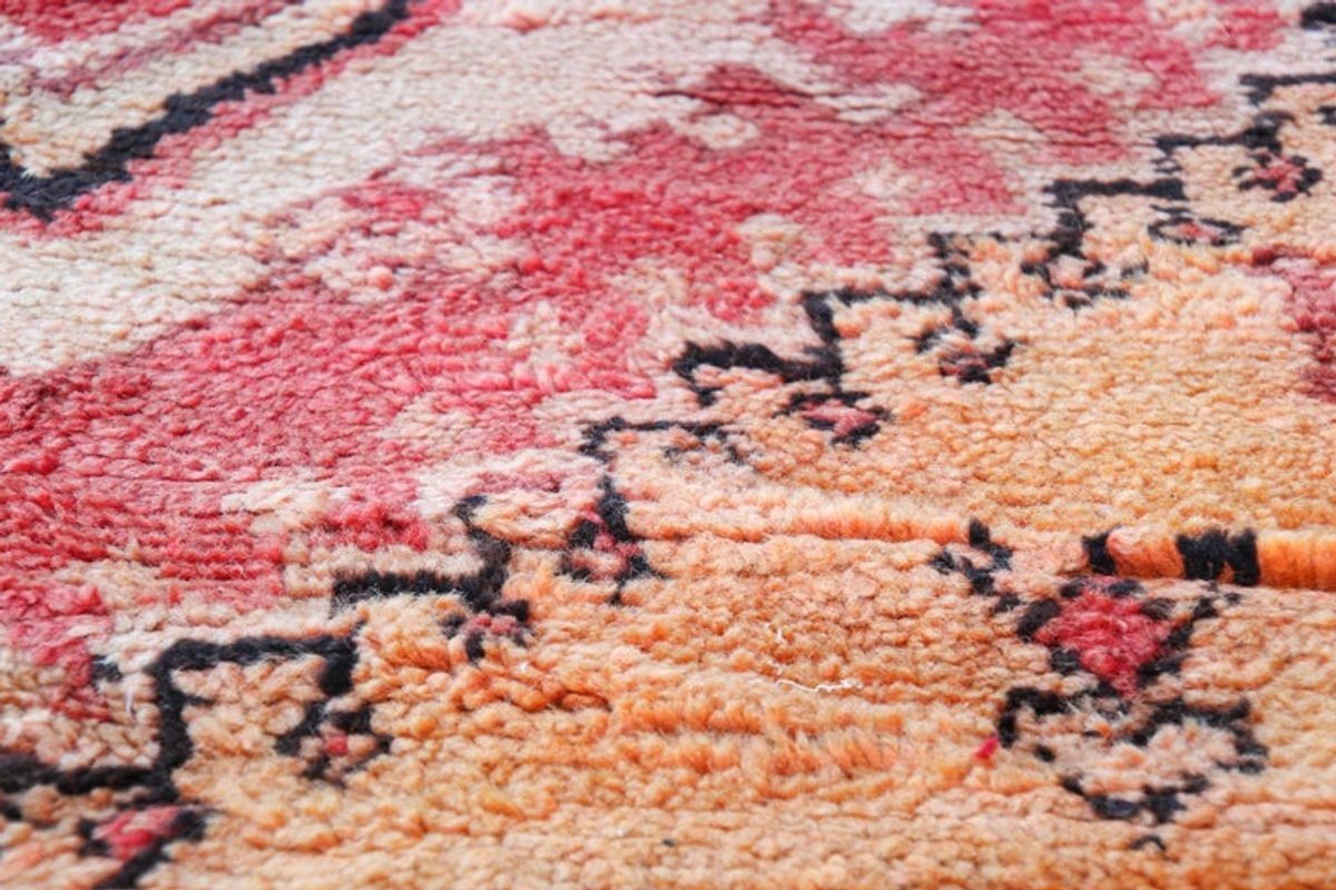 Vintage Moroccan Berber Rug in Saffron, Coral and Black, 71 x 145 in, 1960s