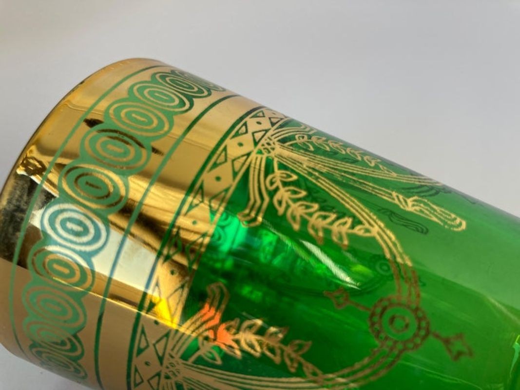 Set of Six Handblown Moroccan Glasses, Green and Gold, Antique Style