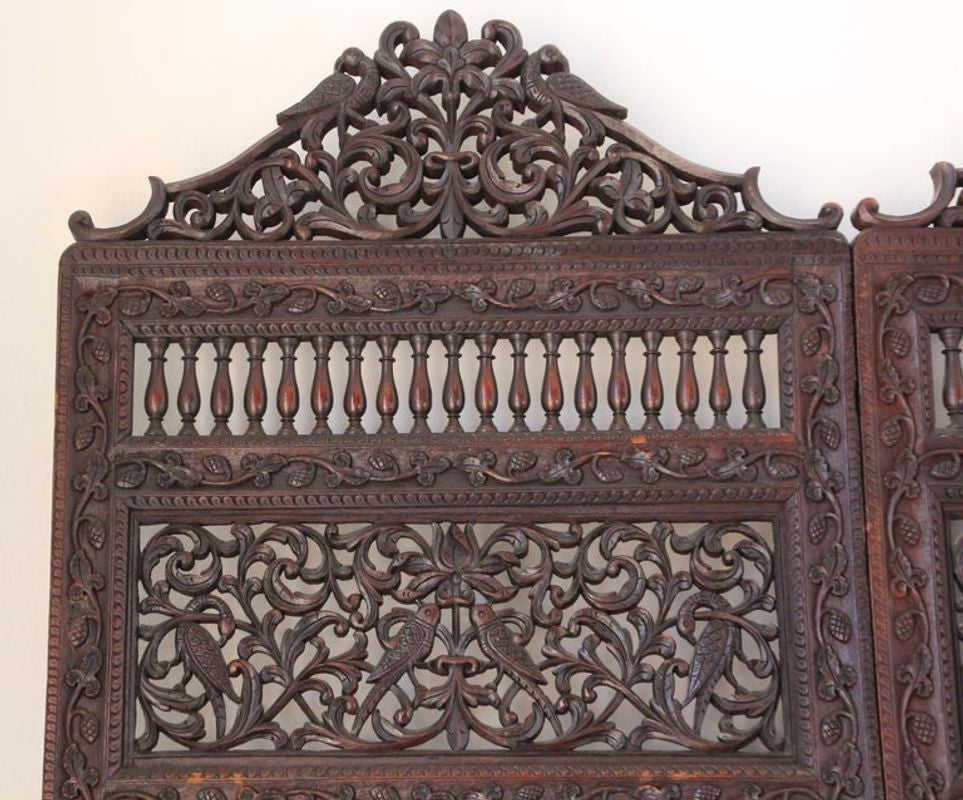 19th Century Anglo-Indian Mughal Carved Hardwood Three-Panel Screen, circa 1880