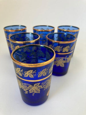 Set of Six Handblown Moorish Blue and Gold Glasses