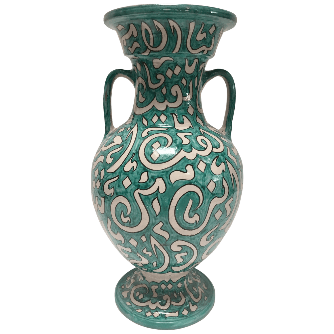 Large Moroccan Glazed Ceramic Vase With Arabic Calligraphy Turquoise Writing Fez