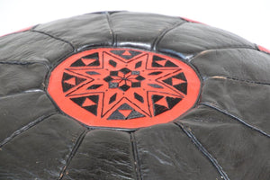 Vintage Moroccan Leather Pouf Hand-Tooled in Marrakesh Red and Black
