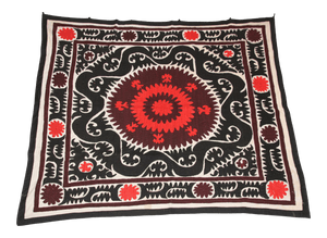 Vintage Red and Black Samarkand Suzani, Uzbekistan Embroidered Textile