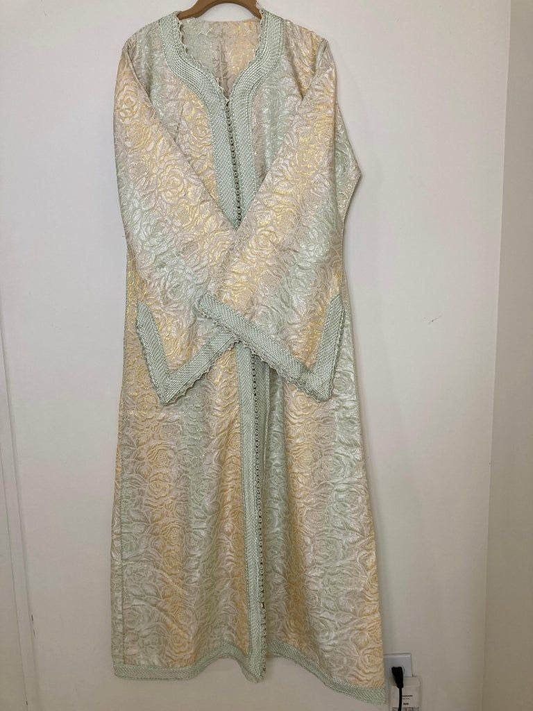 Vintage Moroccan Kaftan, Gold and Sage Damask Embroidered, ca. 1970s