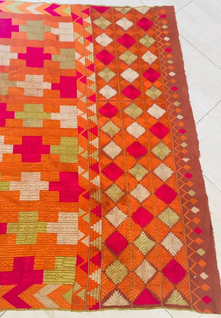 Antique Phulkari Bawan Bagh Wedding Shawl, Silk Embroidery Punjab India