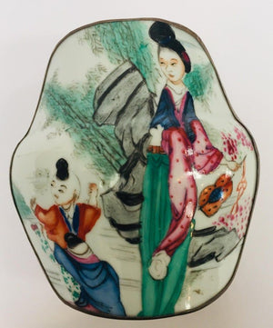 Vintage Trinket Metal Box with Porcelain Top Hand Painted Asian Scene