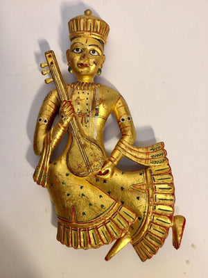 Hand Carved Wood Rajasthani Female Musicians Wall Sculptures from India Set of 2