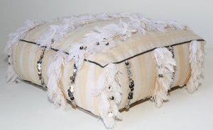 Moroccan White Floor Pillow with Silver Sequins and Long Fringes