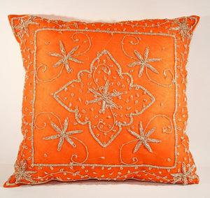 Beaded Orange Throw Pillow Embellished with Sequins
