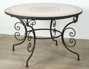 Moroccan Outdoor Round Mosaic Tile Dining Table on Iron Base 47 in.