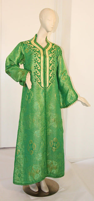 Elegant Moroccan Caftan Emerald Green and Gold Metallic Brocade