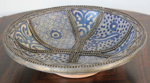Moroccan Blue Ceramic Dish Bowl Adorned with Silver Filigree from Fez