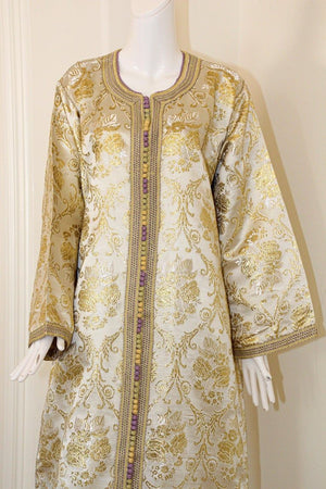 Moroccan Vintage Caftan in Gold Metallic Brocade, Maxi Gown Dress Kaftan